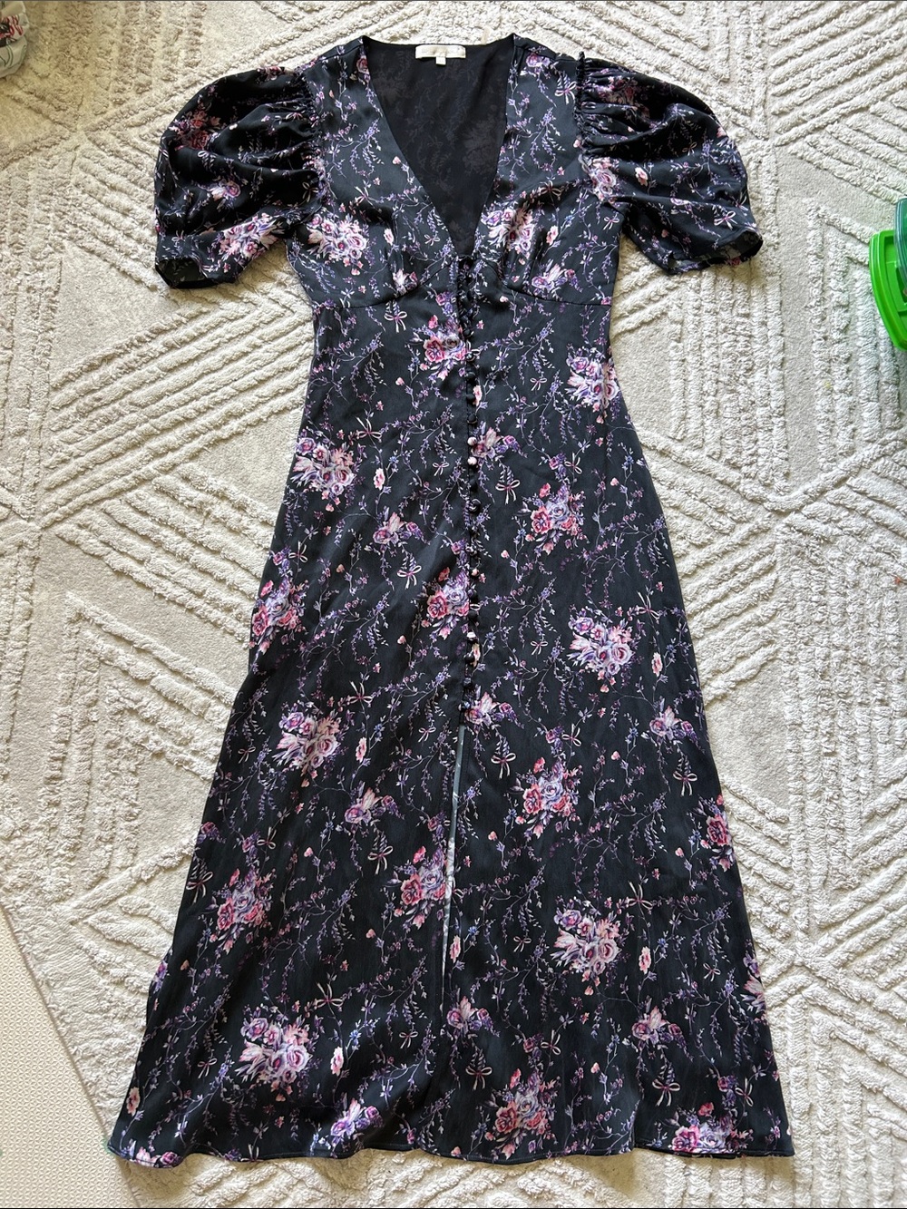Loveshackfancy Black Floral Puff-Sleeve Button-Front silk Dress